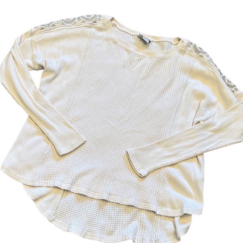 Ariat Waffle Knit Top Womens Medium Cream Excellent Aztec Embroidery Hi-Low Hem